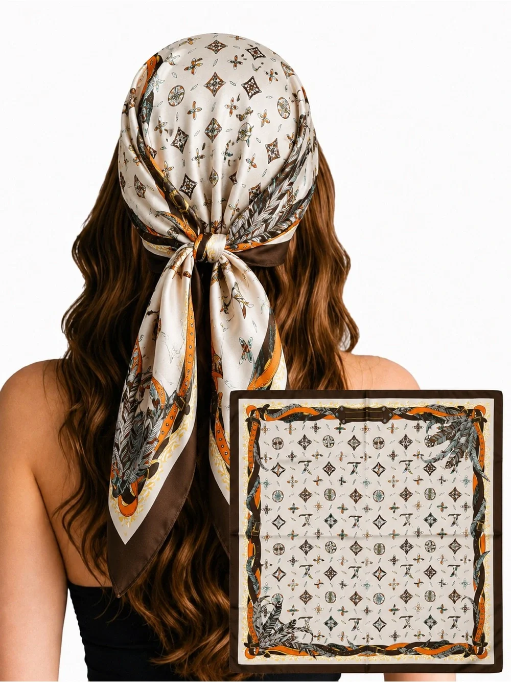 Silk-Feel Square Scarf in Cream, Brown & Orange